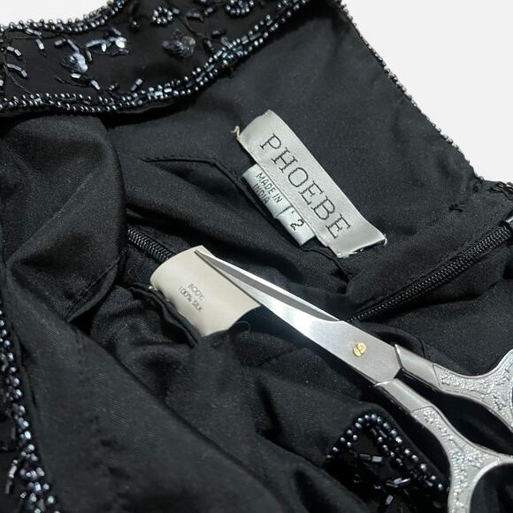 VTG 90s Phoebe Black & Gunmetal Silk Floral Beaded Sparkly Sequin Mini Dress 2 - Picture 8 of 8